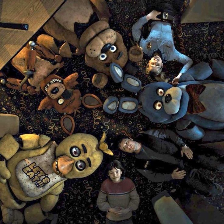 an overhead view of several stuffed animals on the floor with people looking up at them