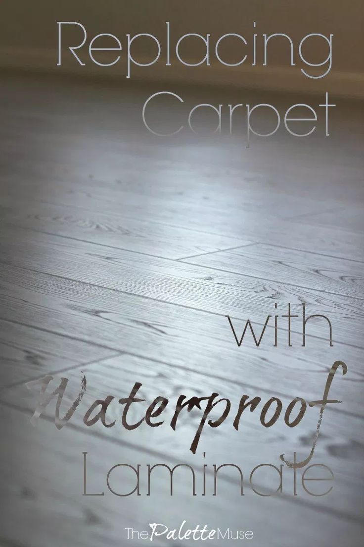 a close up of a wooden floor with text overlay reading replacing carpet with waterproof laminate