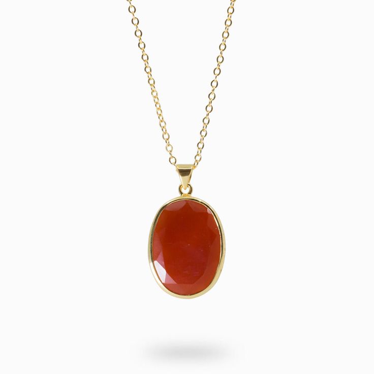 OVAL ORANGE FACETED 14K YELLOW GOLD VERMEIL CARNELIAN NECKLACE Luxury Round Carnelian Jewelry, Carnelian Crystal Necklace, Red Faceted Carnelian Jewelry, Elegant Carnelian Necklace With Polished Finish, Red Faceted Pendant Necklaces, Red Faceted Pendant Necklace, Faceted Carnelian Jewelry Gift, Elegant Faceted Carnelian Necklace, Red Carnelian Gemstone Necklace