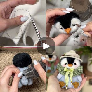 a person holding a small penguin toy in their hands and two pictures of it being made