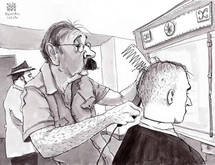 a drawing of a man getting his hair cut by a barber shop employee in front of the mirror