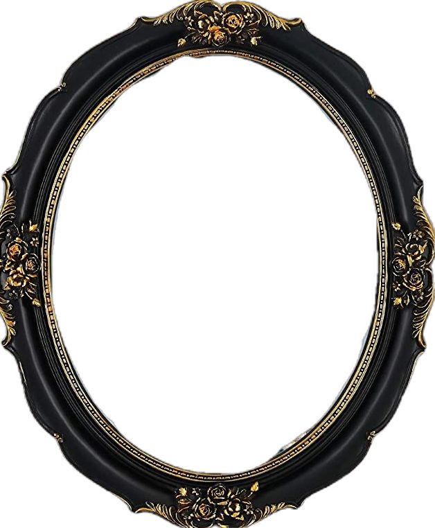 an ornate black and gold frame with flowers on the rim, isolated against a white background