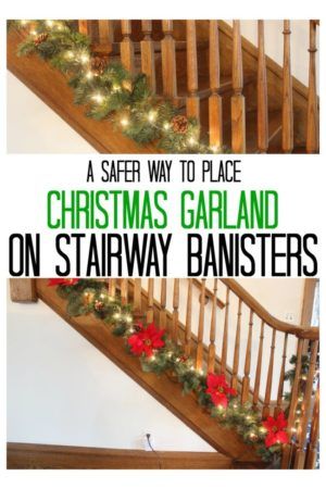 stairs decorated with christmas garland and poinsettis on the banisters for holiday decor