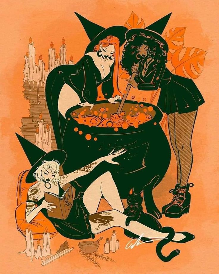 two women in witches costumes are cooking some food on an orange background, while another woman looks on