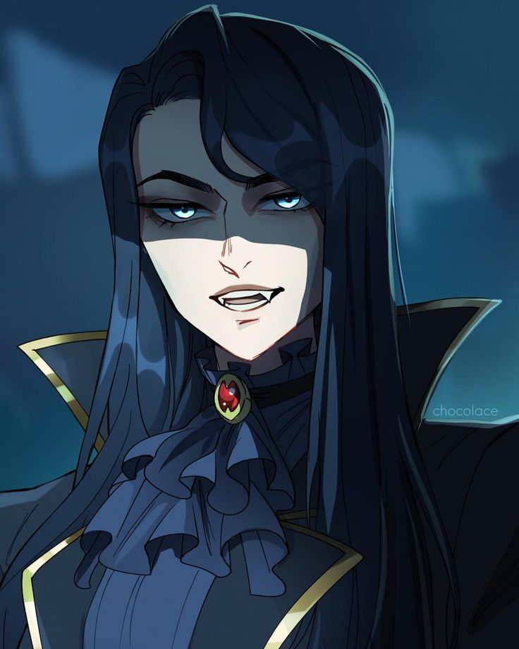 an anime character with long black hair and blue eyes, wearing a dark outfit in the background