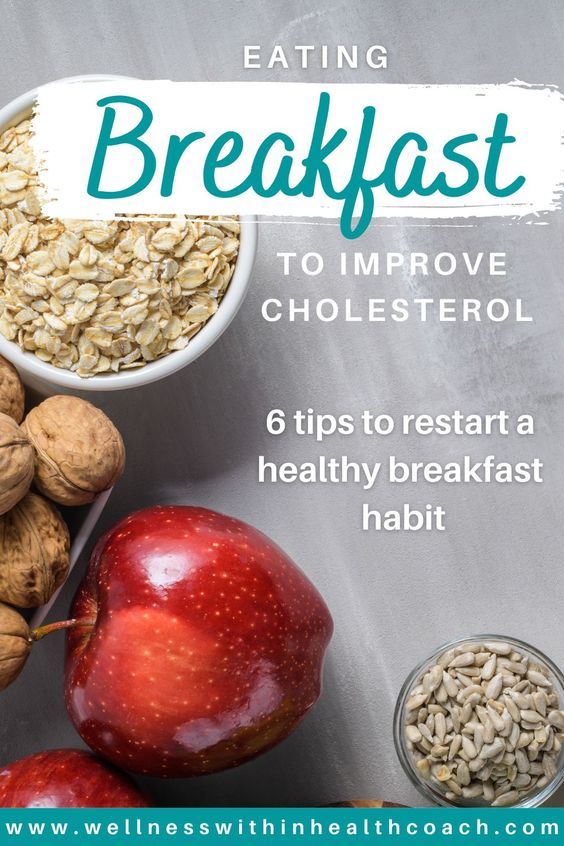 an apple, walnuts and other food items on a table with the words eating breakfast to improve cholesterol