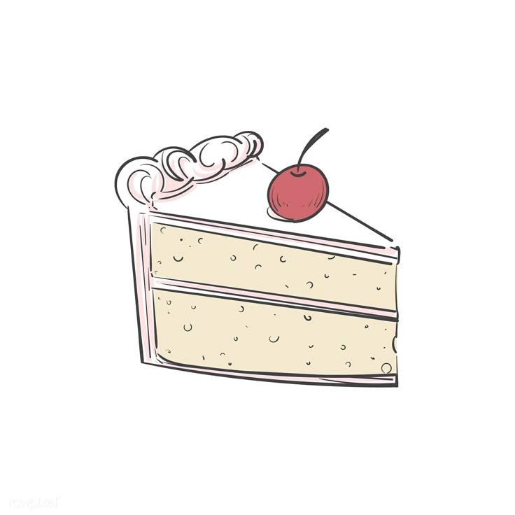 a piece of cake with a cherry on top is shown in this hand drawn illustration