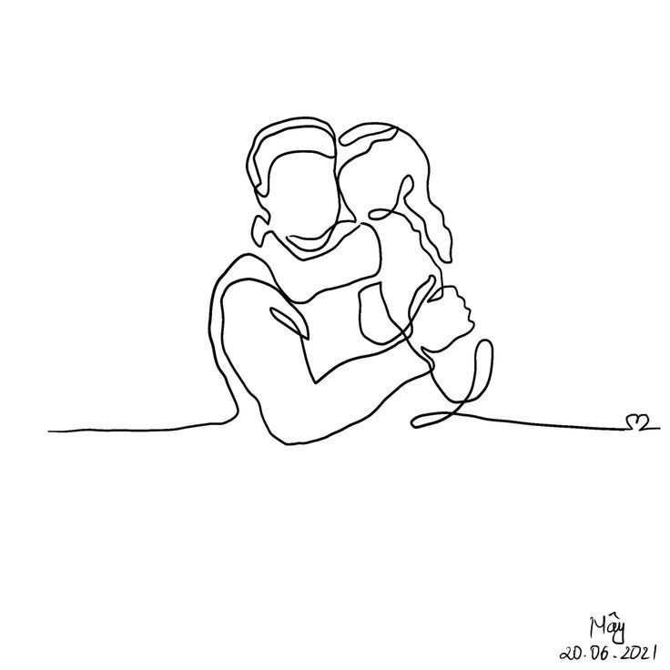 a black and white drawing of two people sitting on the ground with their arms around each other