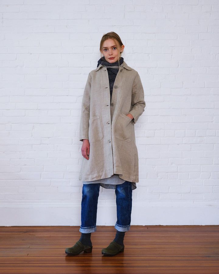 Constructed from heavyweight linen with slightly A line in shape, our Aurora Coat is the perfect top or extra layer for those chilly days or evenings. Rounded collar, deep pockets, large buttons.    100% Linen. Made in the U.S.A. Artemesia pieces have been pre washed and tumble dried to minimize shrinkage. We recomme Farm Dress, Handmade Clothing, Large Buttons, Collar Top, Wool Blazer, Handmade Clothes, Boys Shirts, Winter Collection, Cropped Pants