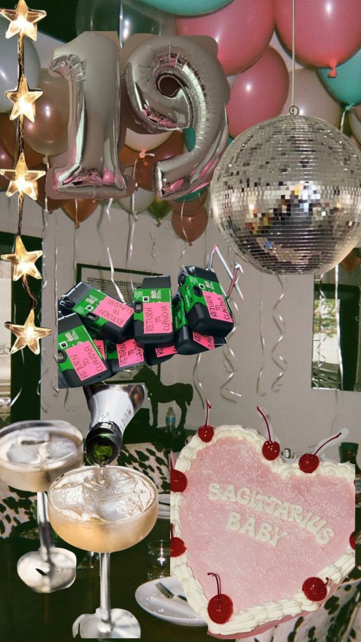 a table topped with cake and balloons