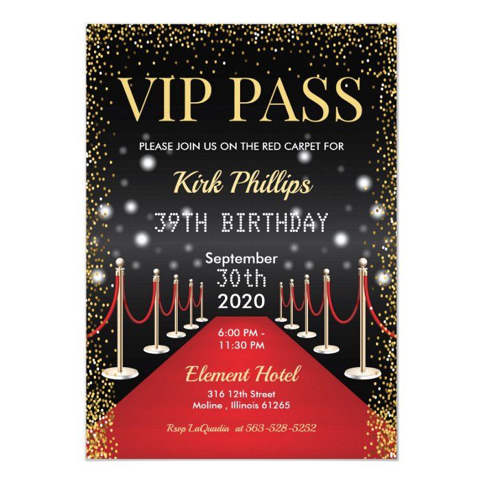 a red carpet and black background with gold glitters on it is an elegant birthday party card