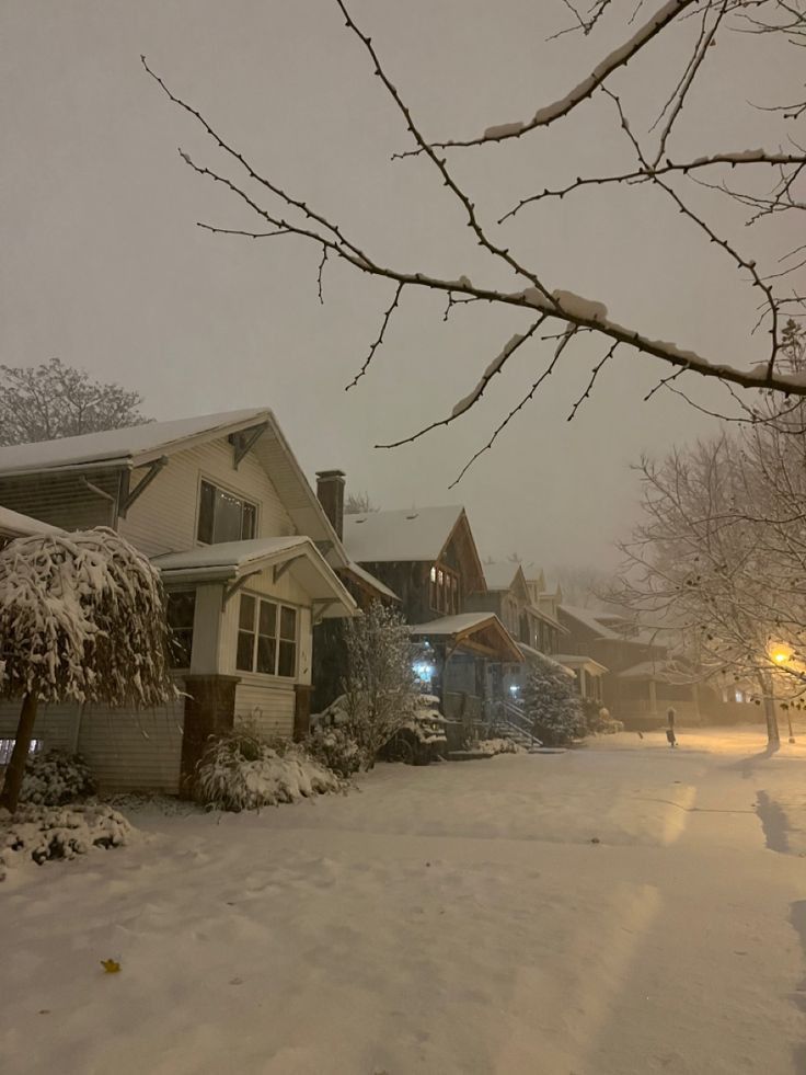 a snow covered street with houses and trees in the foreground, on a snowy day