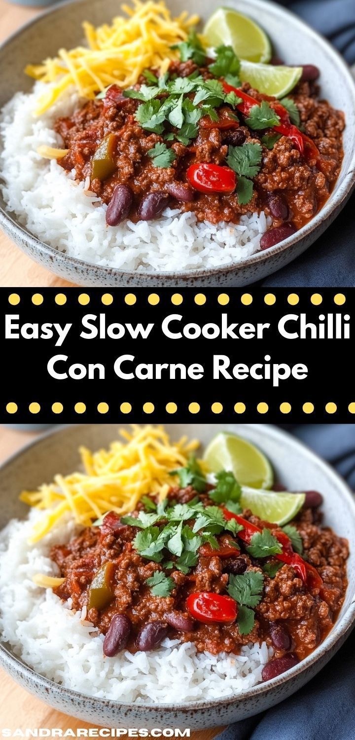 easy slow cooker chili con carne recipe on a plate with rice and cilantro