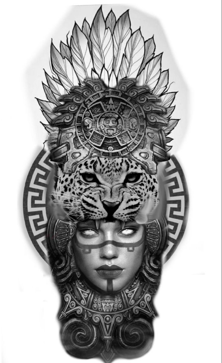 a black and white drawing of a woman's face with an intricate headdress