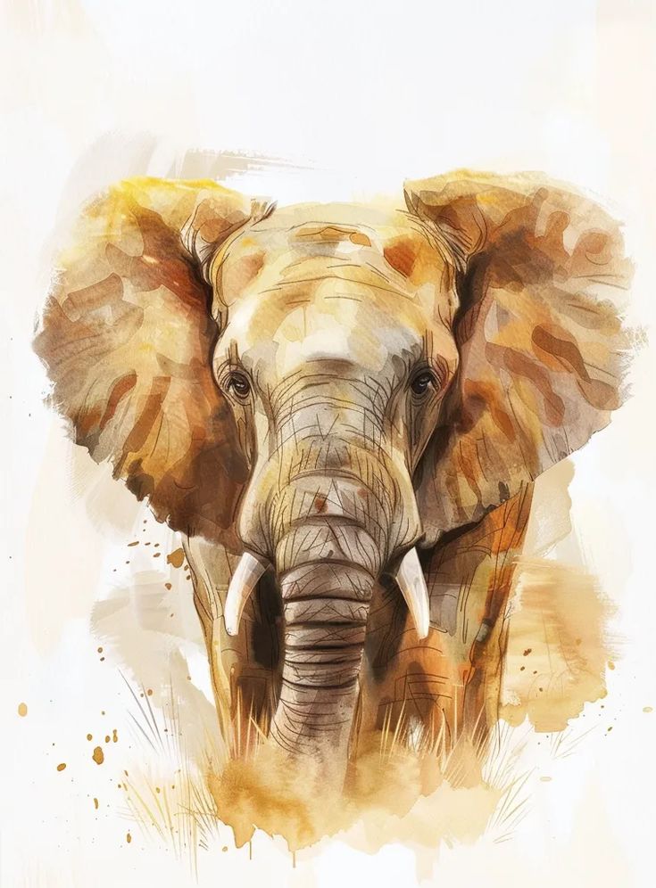 an elephant with tusks is shown in this artistic painting by watercolorists