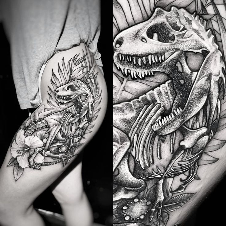 black and white photo of two tattoos with dinosaurs