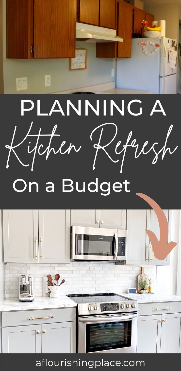 a kitchen that has white cabinets and wood floors with the words planning a kitchen refresh on