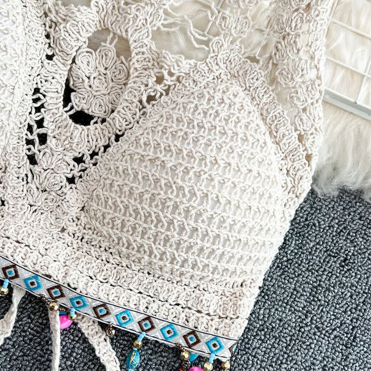 Boho Beach Sexy Crochet Tassel Hollow Out Cami Top Halter Neck Crochet Top For Beach Season, Summer Party Crochet Top, Lace Crochet Top For Beachwear On Vacation, Fitted Crochet Top For Beach Vacation, Crochet Lace Crop Top For Beach And Spring, Bohemian Crop Top For Beach Season, Bohemian Summer Crop Top For Vacation, Bohemian Crop Top For Summer Vacation, Hippie Crop Top For Beach In Summer