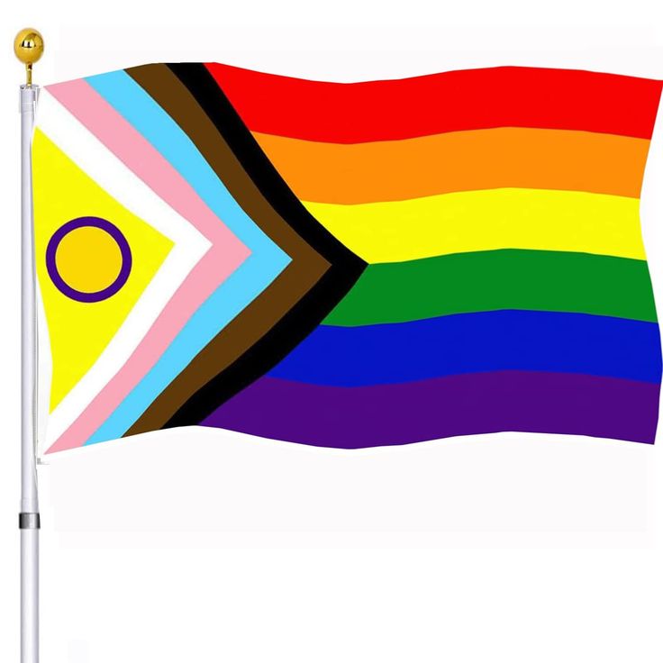 a rainbow colored flag with a black circle on the center and bottom half of it