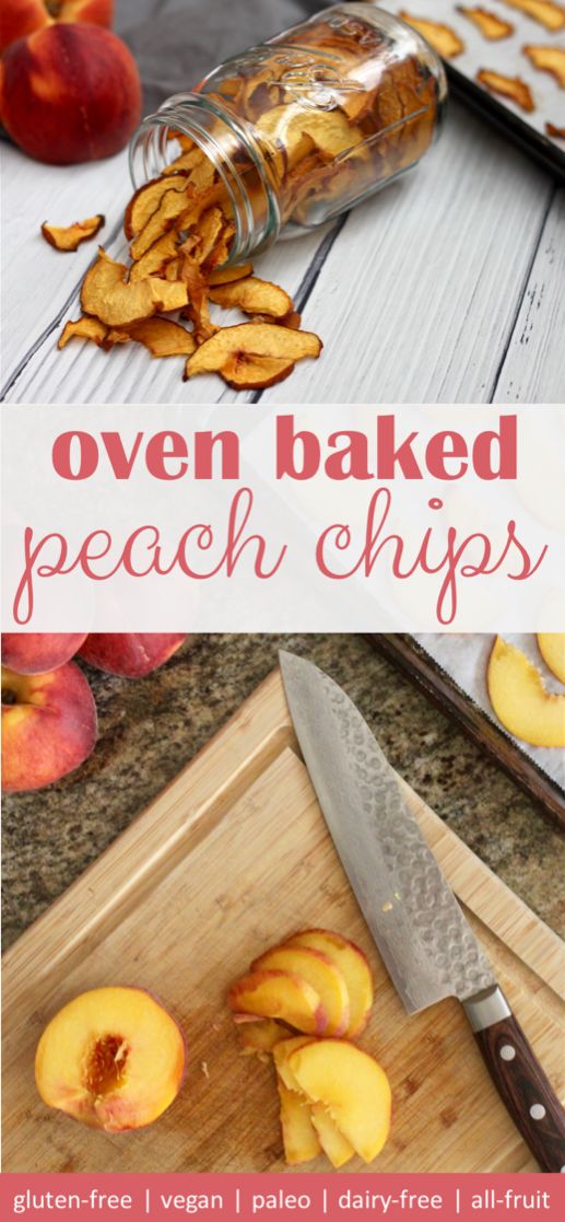 an open baked peach chips on a cutting board with a knife and bowl of fruit in the background