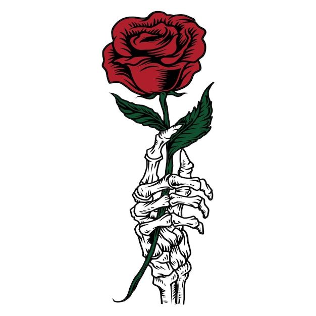 a drawing of a hand holding a red rose in it's left arm, with the skeleton wrapped around it