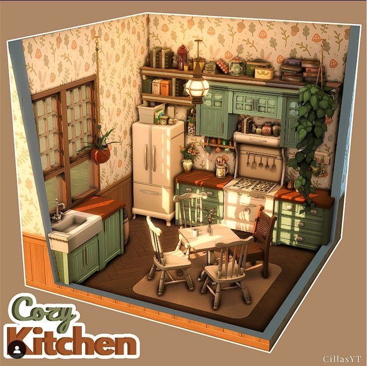 an image of a model kitchen in the style of dollhouse with furniture and accessories