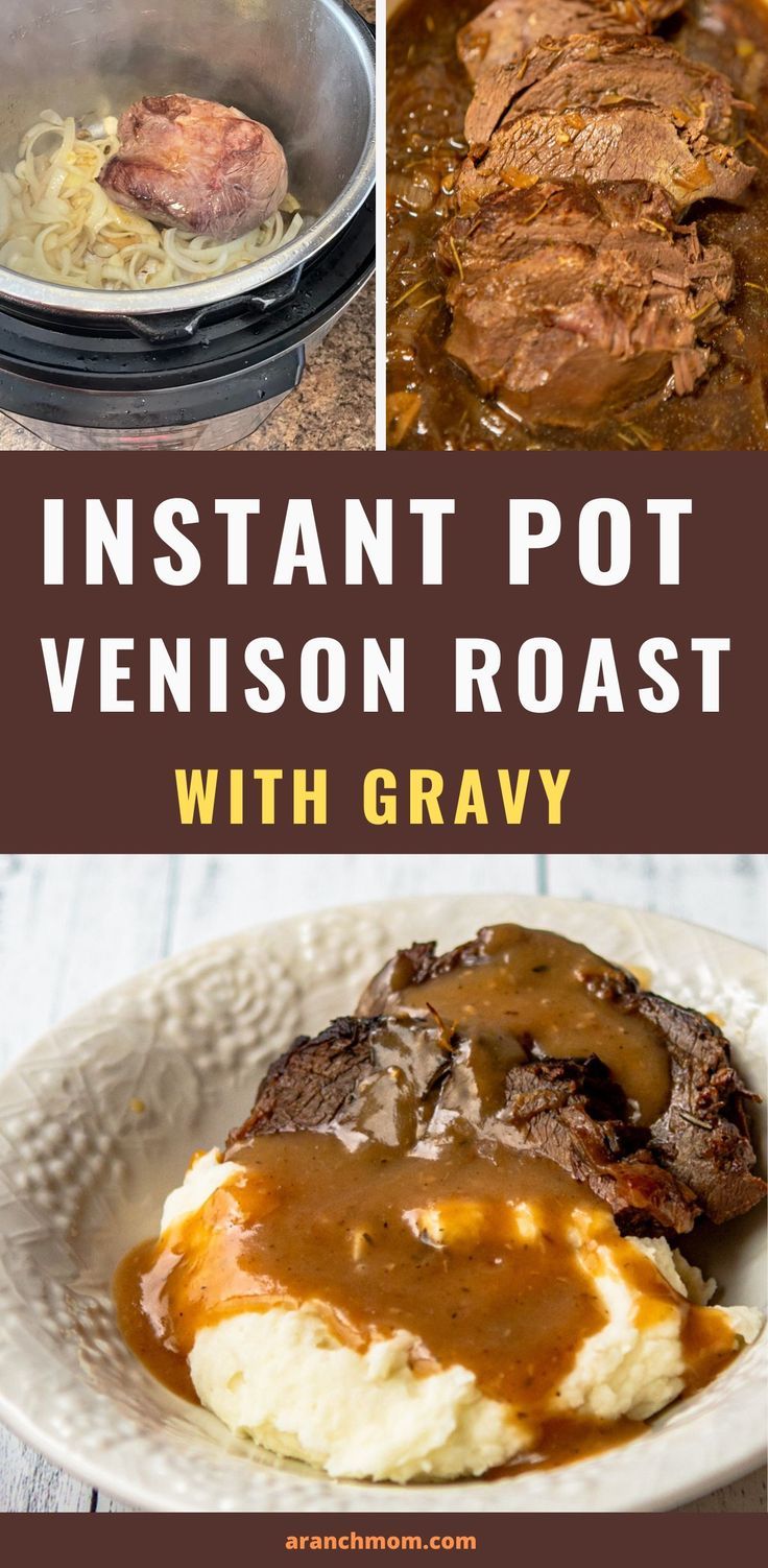 venison roast with gravy and mashed potatoes Instapot Roast Beef, Instant Pot Venison Roast, Venison Roast Crockpot, Roast With Au Jus, Pulled Venison, Roast Venison Recipes, Roast In The Instant Pot, Pressure Cooker Roast, Roast Gravy