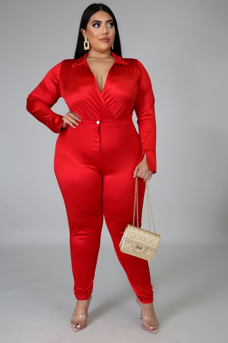 Plus-koon Muoti, Matching Pants Set, Fitted Jumpsuit, V Neck Bodysuit, Plus Size Jumpsuit, Jumpsuit Fashion, Casual Sets, Sleek Look, Red Fashion