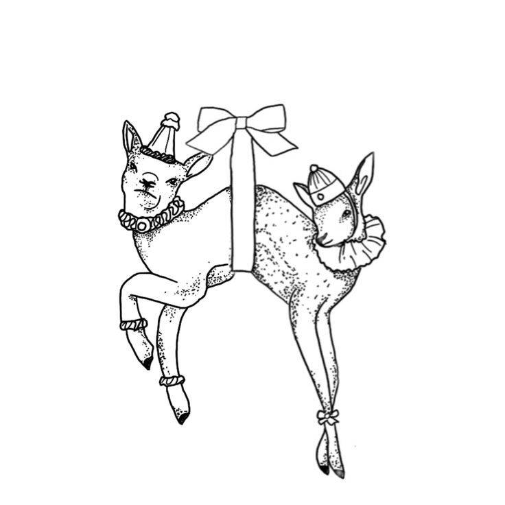 a drawing of two deers with a bow on their head and one is holding a present