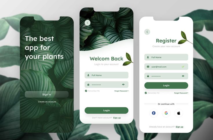 three mobile phone screens with the text register app for your plants on one screen and the words register on the other