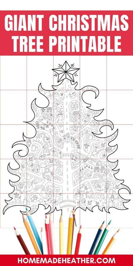 the giant christmas tree printable is shown with colored pencils