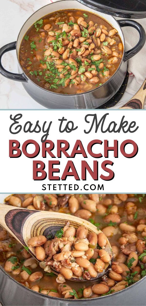 beans are being cooked in a pot with the words easy to make borracho beans