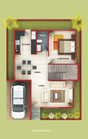 an overhead view of a floor plan for a house with two cars parked in the driveway