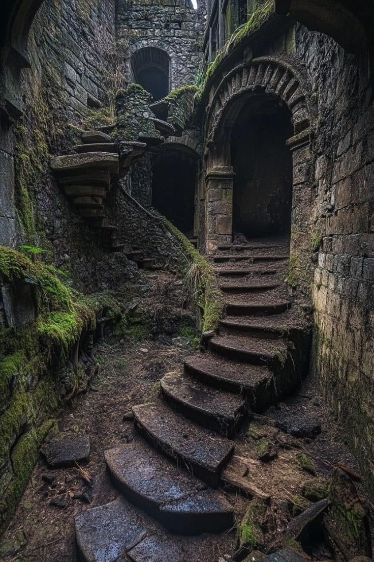 an old stone building with stairs leading up to the door and into it is moss growing on the walls