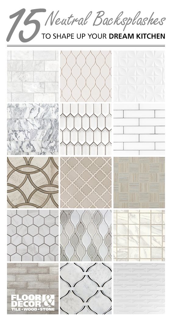 the front cover of an article with different tile patterns and text that reads 75 neutral backsplashes to shape up your dream kitchen