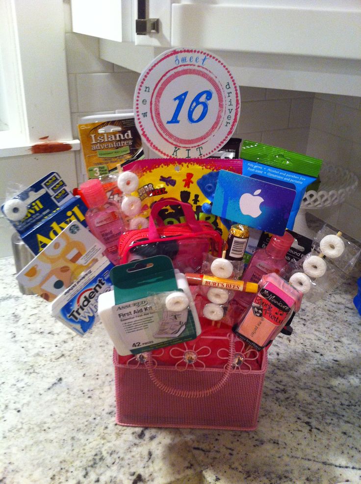 a pink basket filled with lots of items on top of a counter