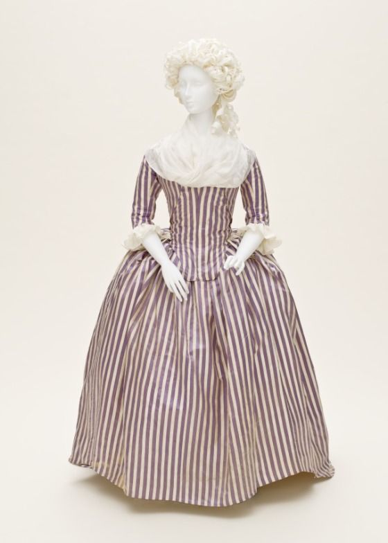 Purple striped silk robe à l’anglaise (front), French, 1785-90. 1780s Fashion, 18th Century Dresses, 18th Century Gown, 1700 Fashion, Colonial Dress, American Duchess, 18th Century Dress, 18th Century Costume, 18th Century Clothing