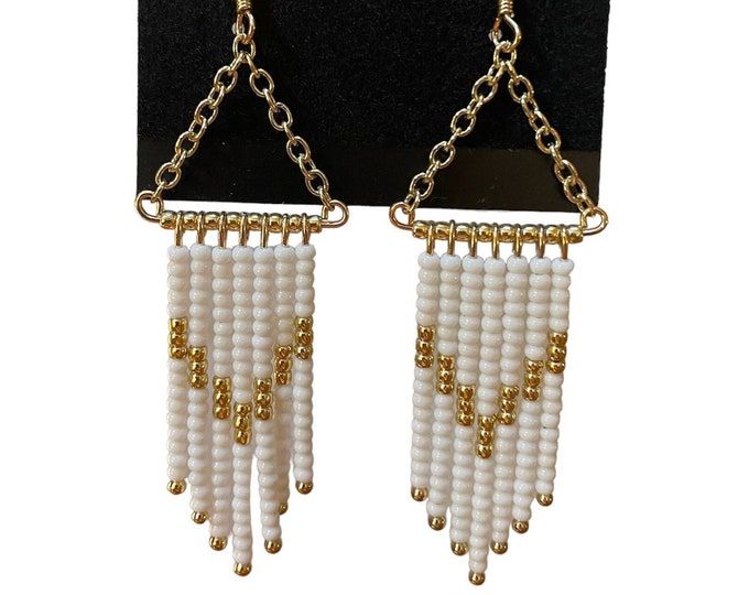 White and Gold Geometric Drop Earrings - Etsy Trendy White Dangling Bead Earrings, Trendy White Earrings With Dangling Beads, Trendy White Dangling Beads Earrings, Chic Gold Beaded Dangle Earrings, Chic Gold Dangle Beaded Earrings, Elegant Geometric White Jewelry, Elegant White Geometric Jewelry, White Metal Beaded Earrings, White Metal Beaded Earrings With Ear Wire