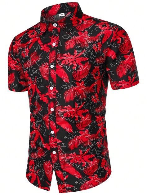 Multicolor Boho Collar Short Sleeve Fabric Tropical,All Over Print Shirt Embellished Non-Stretch  Men Clothing Fitted Multicolor Casual Hawaiian Shirt, Casual Fitted Multicolor Hawaiian Shirt, Red Tops With Casual Collar For Summer, Casual Multicolor Slim Fit Tops, Casual Multicolor Slim Fit Shirt, Red Collared Hawaiian Top, Multicolor Stretch Summer Shirt, Summer Multicolor Stretch Shirt, Casual Red Shirt With Floral Print