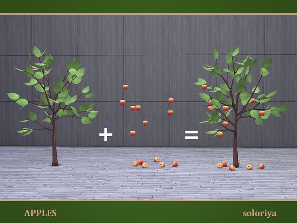 two trees with apples on them in front of a wall and another tree that has fruit falling from it