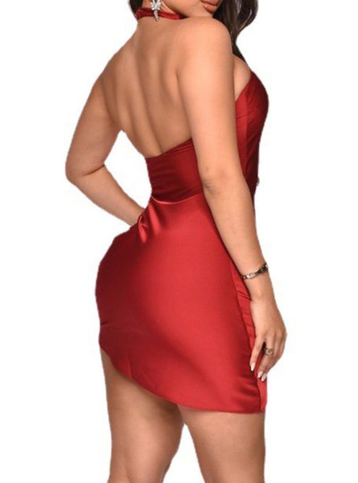 Material:95%Polyester+5%Spandex Bring back the flirt in you with this halter, bodycon mini dress. The Summer Sexy Halter Sleeveless Solid Satin Mini Bodycon Dress is a playful and comfy piece that shows off your legs. Pair with your favorite strappy heels or sandals and you’re ready to go. Look and feel your best at work and play, in this sizzling mini dress. Flowy waves of satin hug your curves for that smooth line shape, for when you want to feel your most beautiful. Sweet, flirty, and just a Red Sleeveless Silk Mini Dress, Red Silk Sleeveless Mini Dress, Mini Dress Flowy, Red Knee-length Club Mini Dress, Red Non-stretch Mini Dress, Sleeveless Red Mini Dress With Built-in Bra, Satin Bodycon Dress, Mini Bodycon Dress, Dress Flowy