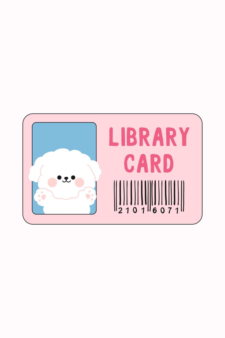 a pink library card with an image of a dog and barcodes on it