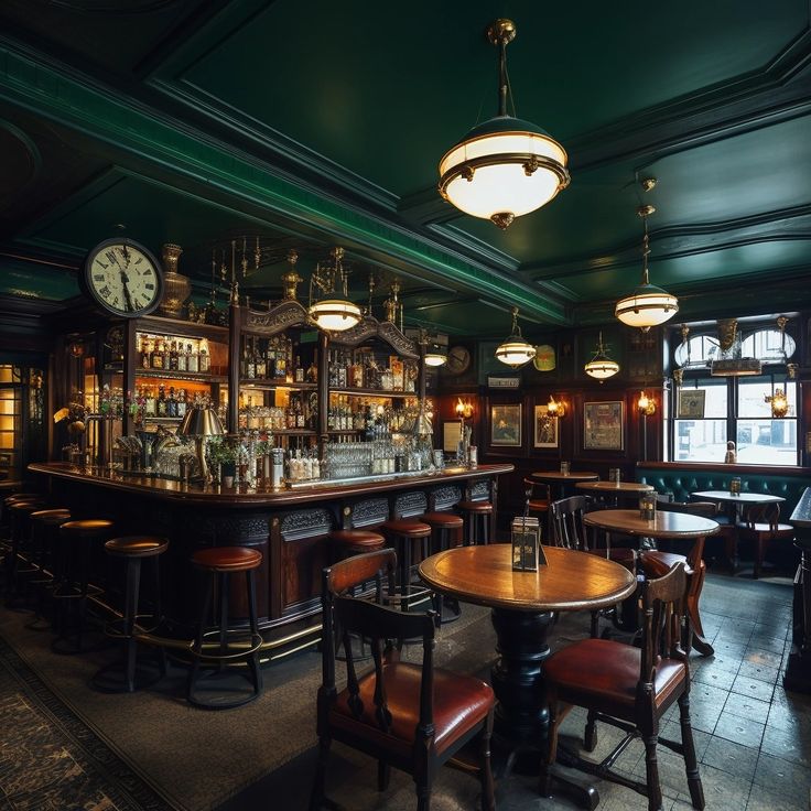 a dimly lit bar with wooden tables and stools in front of a clock mounted on the wall