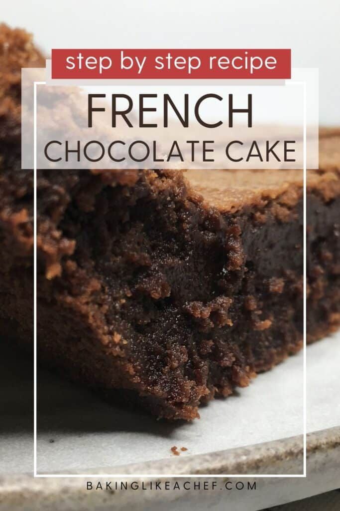 a close up of a piece of chocolate cake on a plate with the words, step by step recipe french chocolate cake