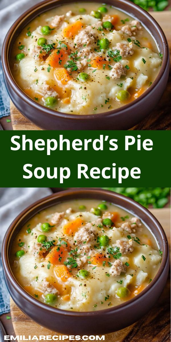 two bowls of shepherd's pie soup with peas and carrots