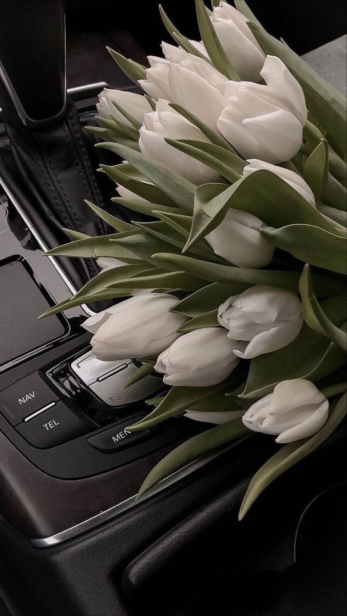 a bouquet of white tulips sitting on top of a car console