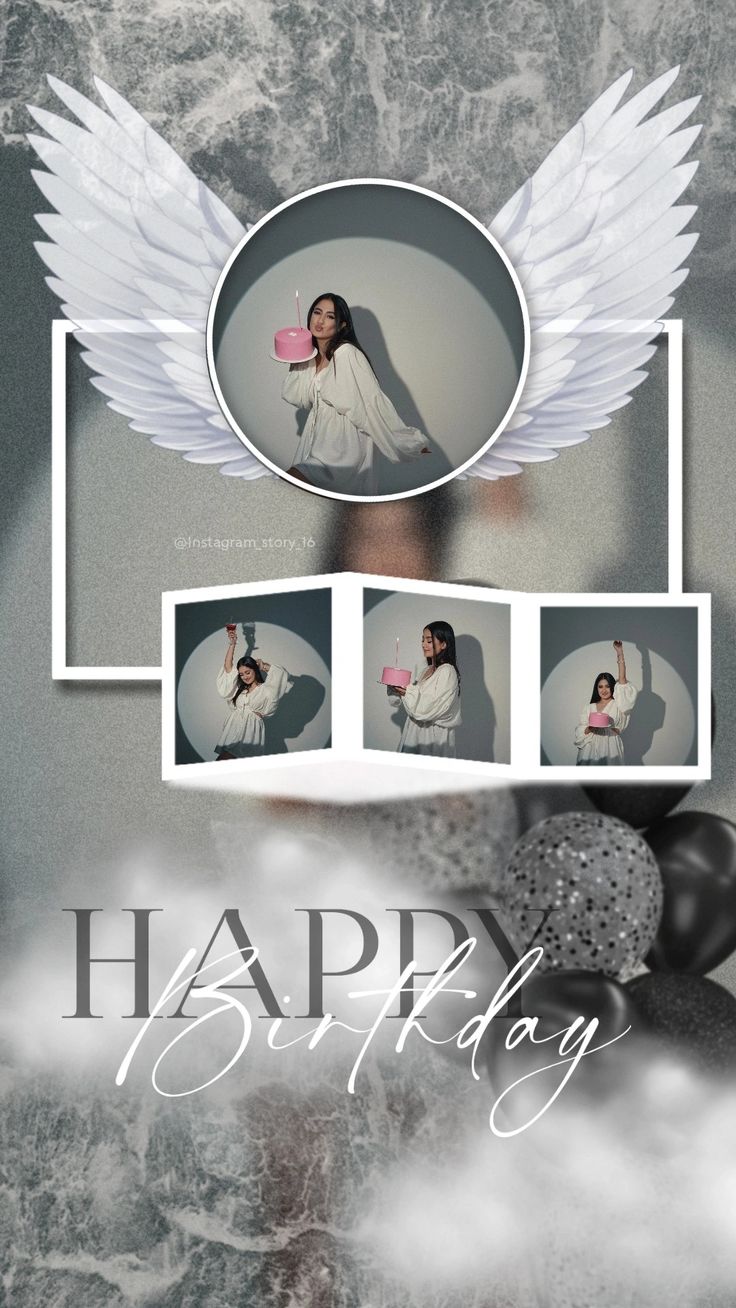 a woman with angel wings holding a pink object in front of her face and the words happy birthday on it