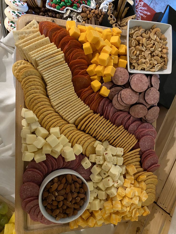 a variety of snacks are arranged on a table