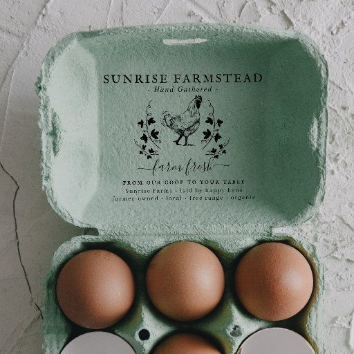 six eggs in an egg carton with the label sunrise farmstead on it's side