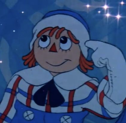 a cartoon character with red hair and big eyes, dressed in blue overalls holding her hand up to her ear